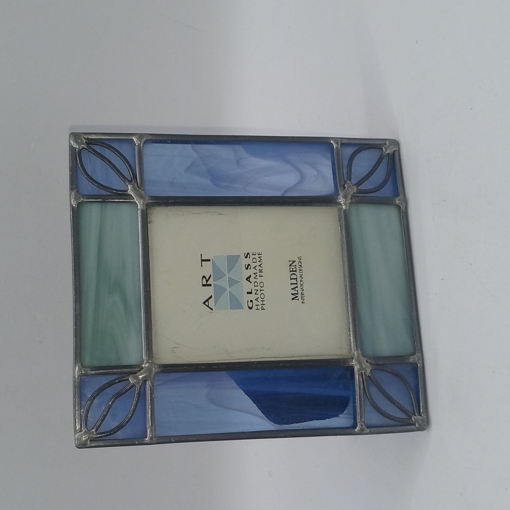 Vintage HandMade Leaded Art Glass Photo Frame Square Easel Stand Blue Green